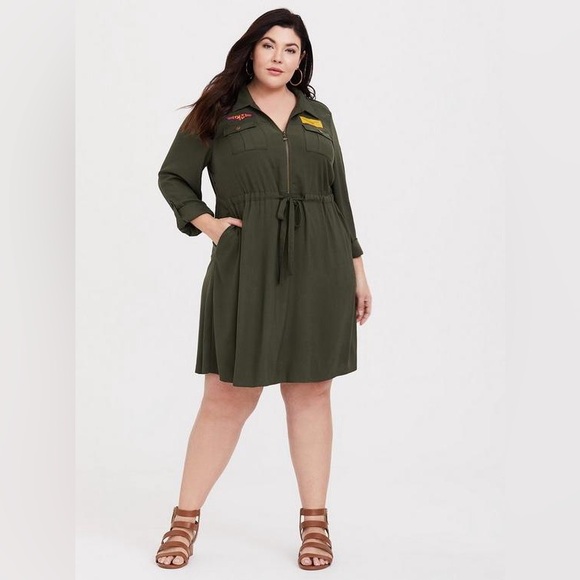 Her Universe Captain Marvel Olive Patchwork Shirt Dress NWT Size L 12 - Picture 3 of 15